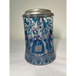 VTG Rein Zinn Painted Glass Pewter Hinged Lid Beer Stein W.Germany Folk Art